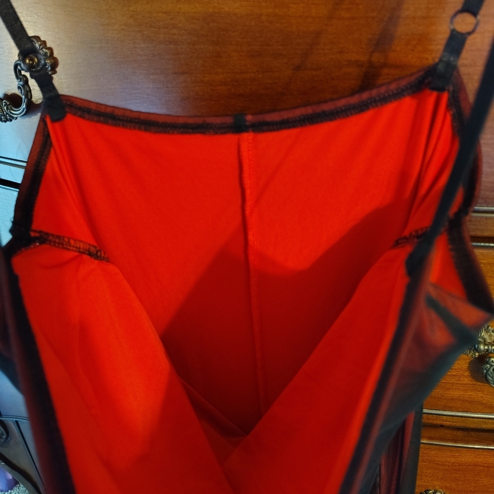 Vtg Y2K Red/Blk MESH Overlay Slip Dress Sz Small - Picture 4 of 4